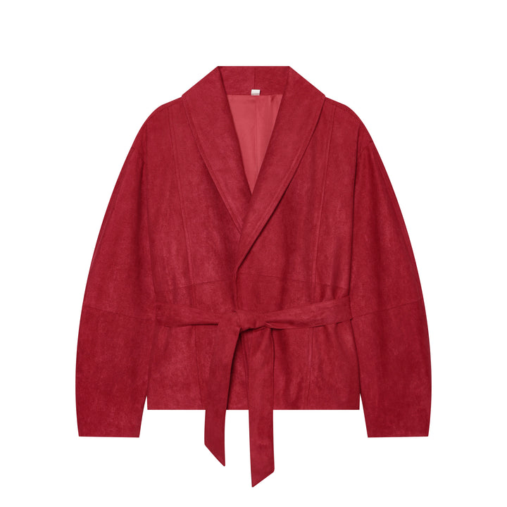 Damen Kurze Bindegürtel-Jacke aus weichem Veloursimitat mit Schalkragen Drune