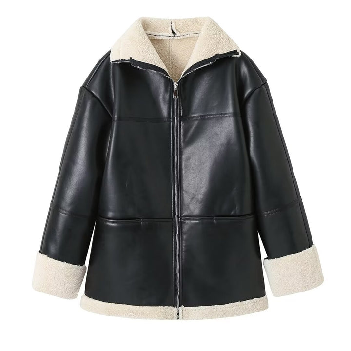 Damen nan kastiger Kunstleder-Mantelblouson mit voluminösem Teddykragen, wärmendem Sherpa‑Futter und durchgehendem Reißverschluss Drune