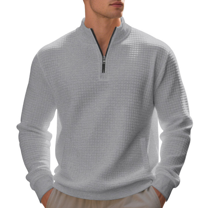 Herren Waffelstrick-Halbzip-Pullover mit Stehkragen, Kängurutasche & gerippten Abschlüssen Drune
