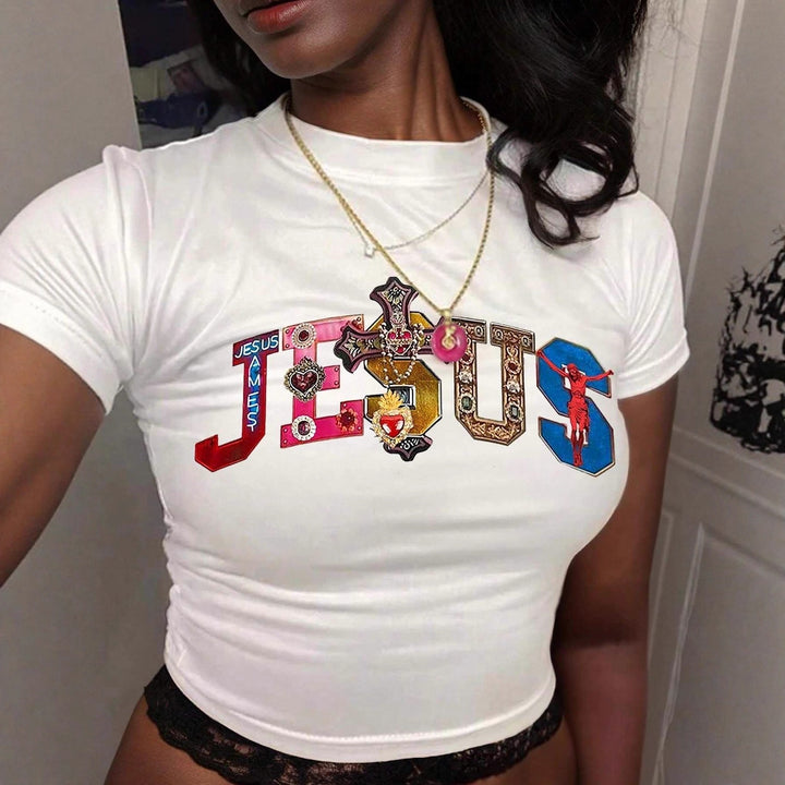 Damen Kurzarm Crop-T-Shirt mit witzigem Schriftzug Drune