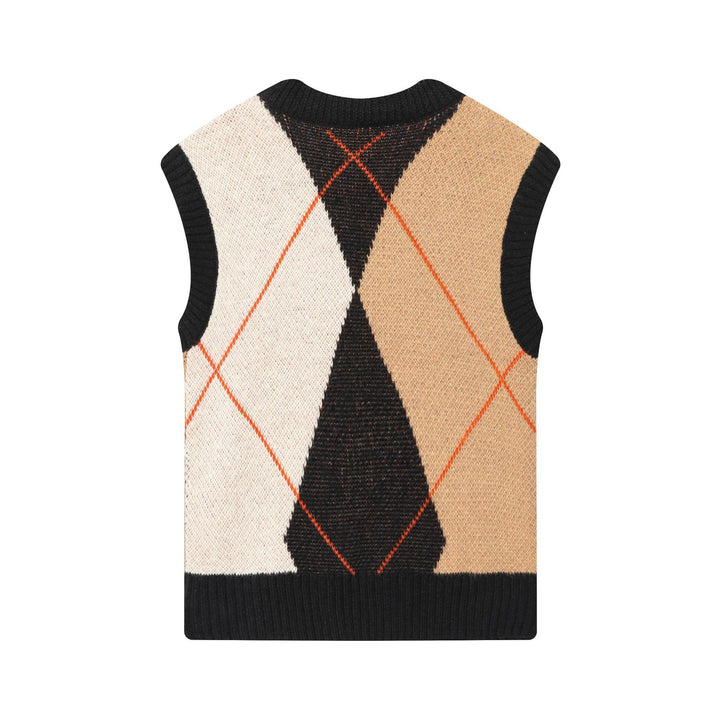 Damen nan Argyle-Strickweste ohne Ärmel mit geripptem Rundhals und kastigem Schnitt Drune