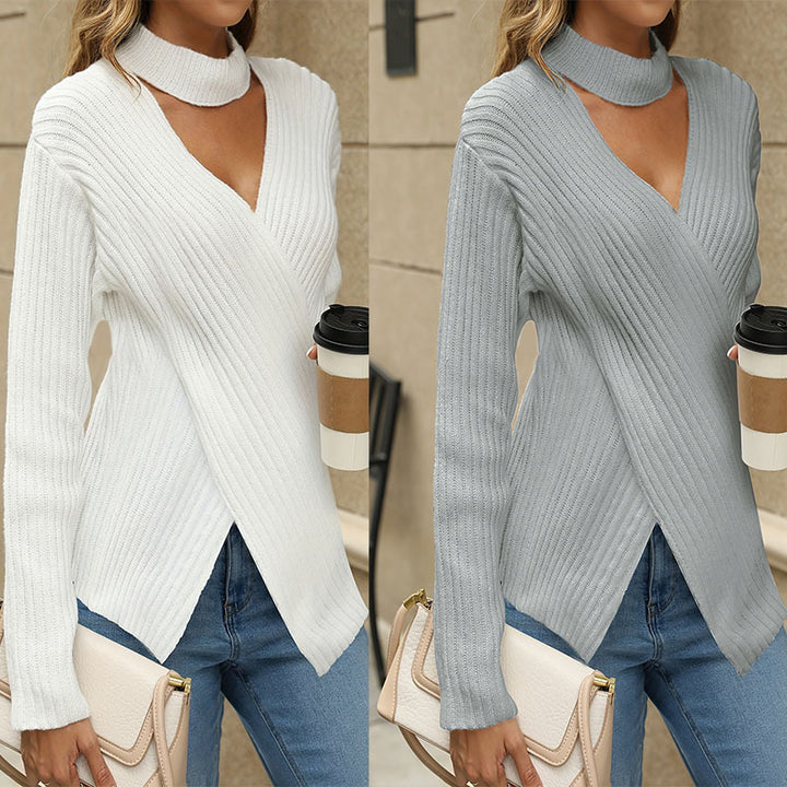 Damen eleganter Strickpullover mit asymmetrischem Design und hoch geschlossenem Kragen Drune