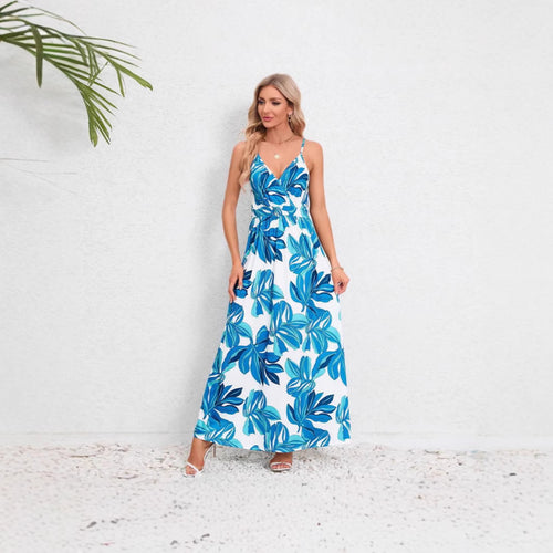 Damen Maxikleid mit zartem V-Ausschnitt und buntem Pflanzenmuster Drune