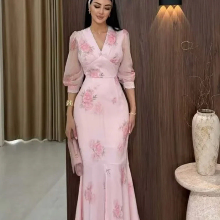 Damen Elegantes Maxikleid im Meerjungfrau‑Schnitt mit V‑Ausschnitt und transparenten Puffärmeln Drune