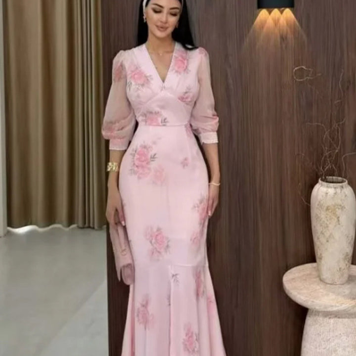 Damen Elegantes Maxikleid im Meerjungfrau‑Schnitt mit V‑Ausschnitt und transparenten Puffärmeln Drune