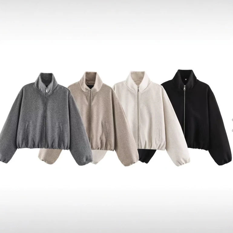 Damen Kurz geschnittene Bouclé‑Blousonjacke mit Stehkragen, elastischem Saum und Ballonärmeln Drune
