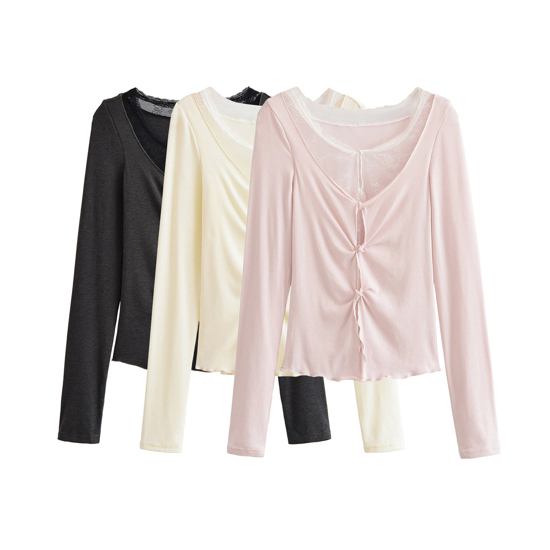 Damen Langarm-Feinjersey-Top mit Spitzen-Einsatz, Knotenfront und Raffung Drune
