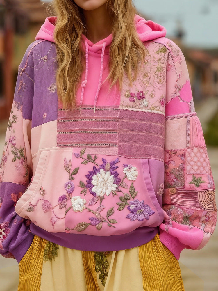 Damen Bestickter Patchwork-Kapuzenpullover mit Blumenapplikation und Kängurutasche Drune