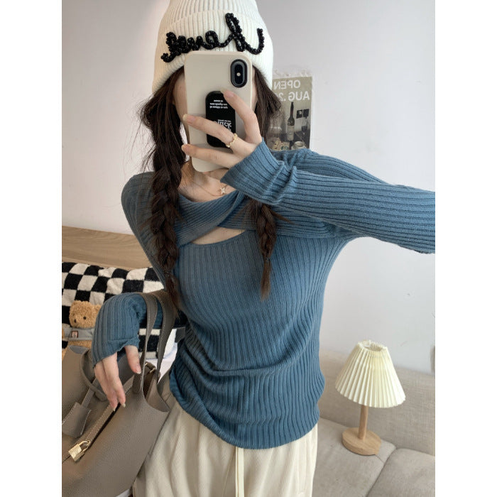 Damen Langarmshirt mit offener Schulterpartie und Rippstrickmuster Drune