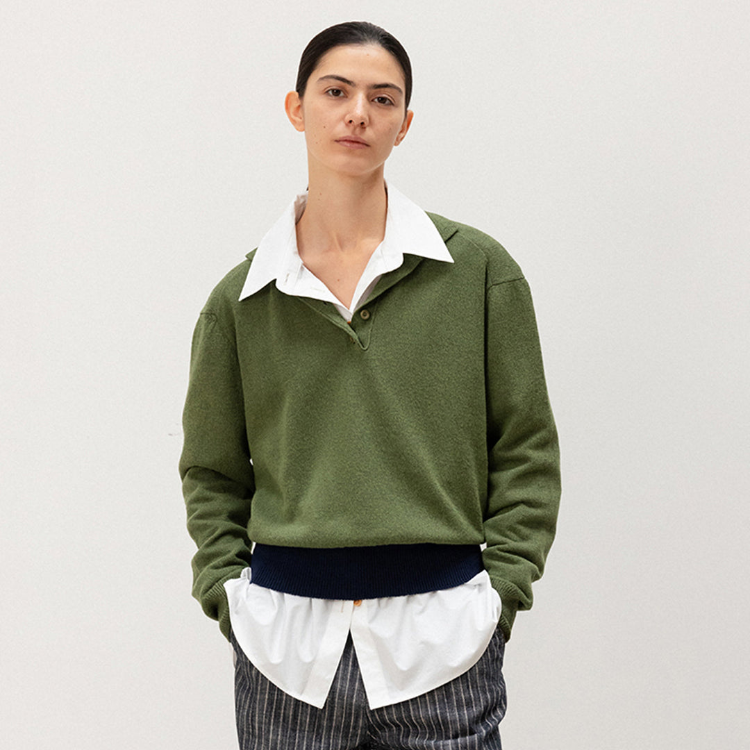 Damen lässiger Strickpullover mit Polokragen und kontrastierendem Bund Drune