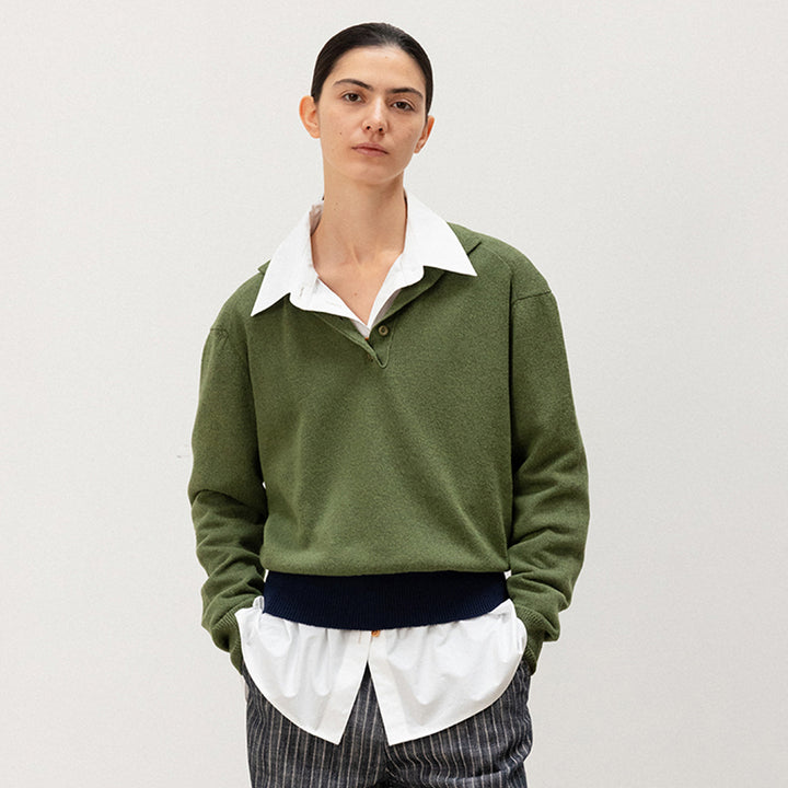 Damen lässiger Strickpullover mit Polokragen und kontrastierendem Bund Drune