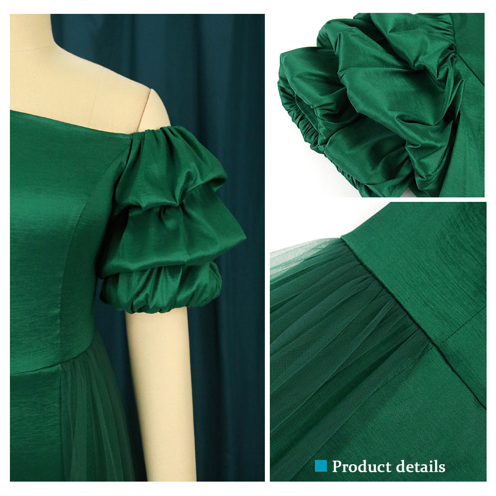 Damen Elegantes Tüllkleid mit asymmetrischem Ausschnitt und voluminösen Puffärmeln Drune