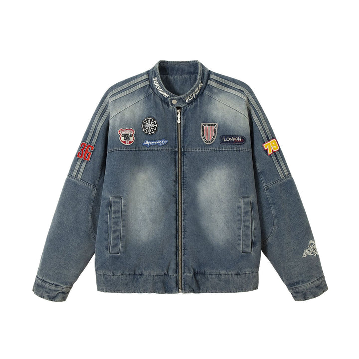Herren Jeans‑Bomberjacke mit Vintage-Wash, Aufnäherdetail und Stehkragen Drune