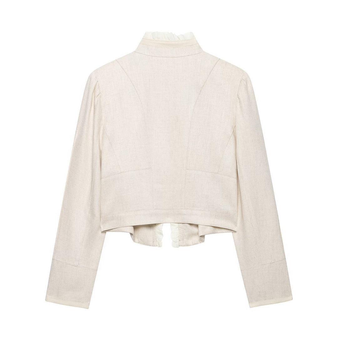 Damen Cropped-Jacke aus Leinenmix mit Stehkragen, Zierknopfleiste und Rüschendetail Drune