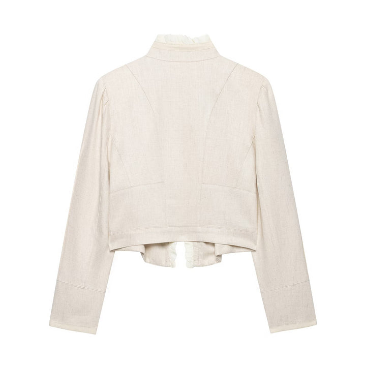 Damen Cropped-Jacke aus Leinenmix mit Stehkragen, Zierknopfleiste und Rüschendetail Drune
