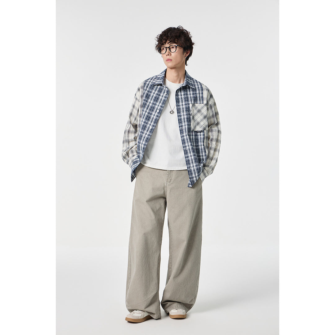 Unisex Kariertes Overshirt im Patchwork-Look mit Brusttasche Drune