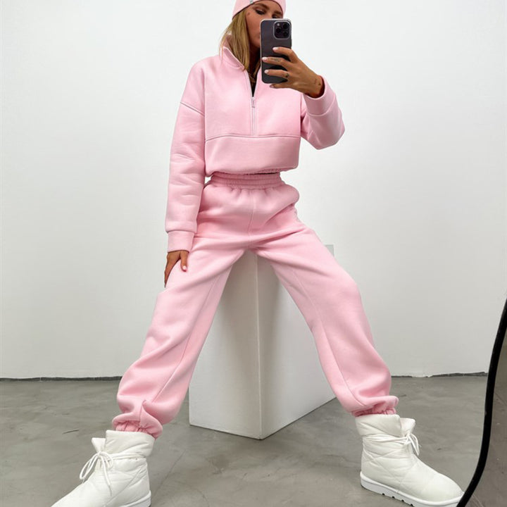 Damen Cropped Halbzip Loungewear-Set mit Stehkragen und taillenhoher Jogginghose Drune