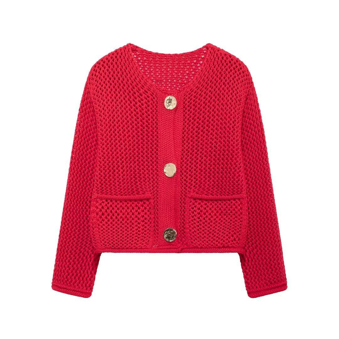 Damen lässige Strickjacke mit strukturiertem Lochmuster und praktischen Taschen Drune