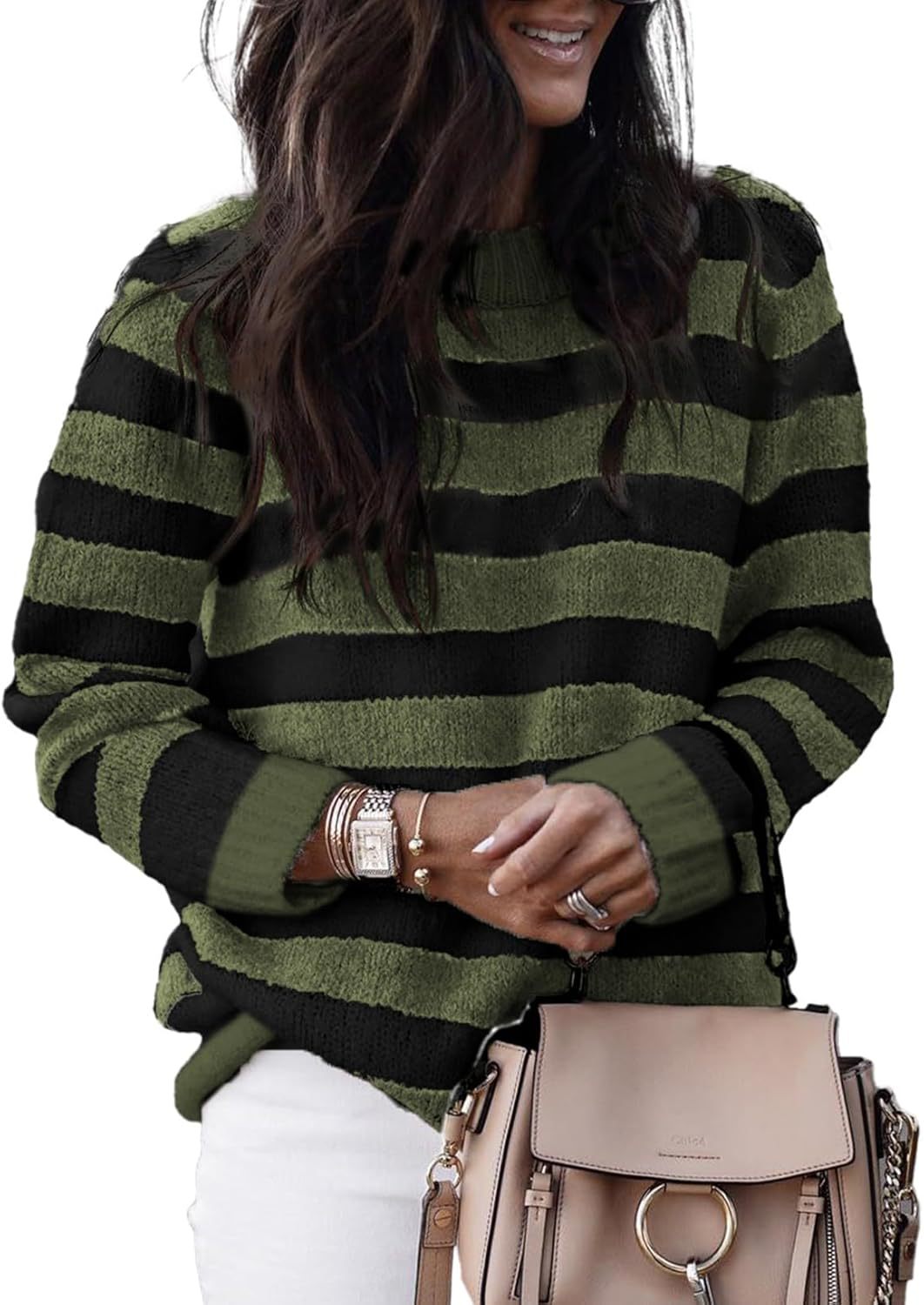 Damen lässiger Strickpullover mit breiten Querstreifen Drune