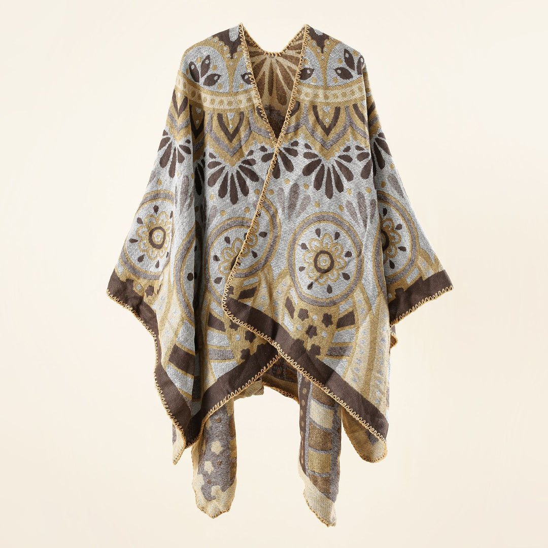 Damen Wollmix-Umhangponcho mit ornamentaler Jacquardstruktur und offenem Fall Drune