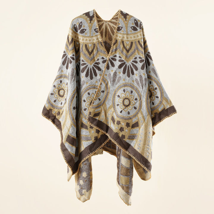 Damen Wollmix-Umhangponcho mit ornamentaler Jacquardstruktur und offenem Fall Drune