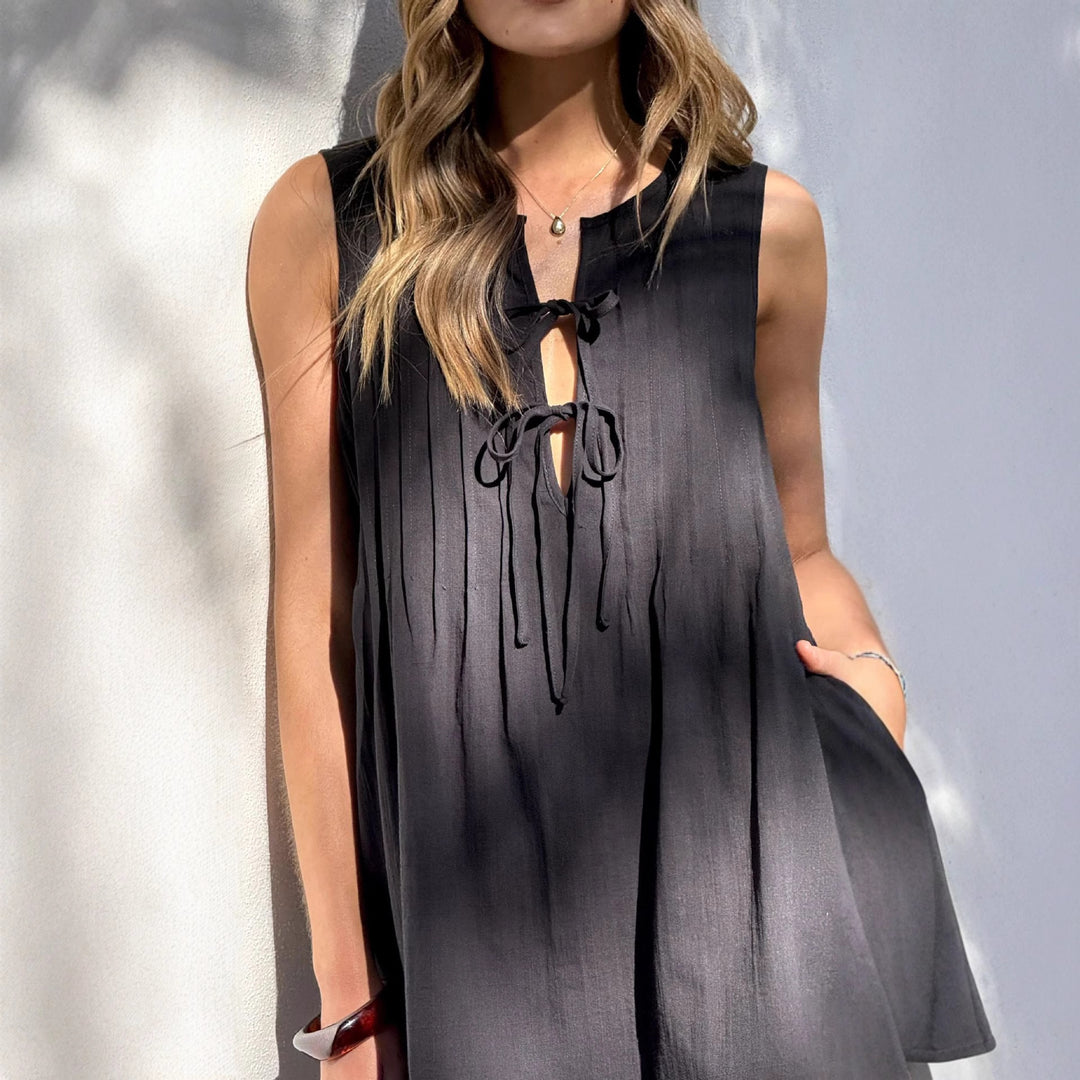 Damen lässiges Sommerkleid mit Bindegürtel und Rippstruktur Drune