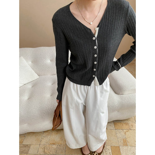 Damen lässige Strickjacke mit V-Ausschnitt und Knopfdetail Drune