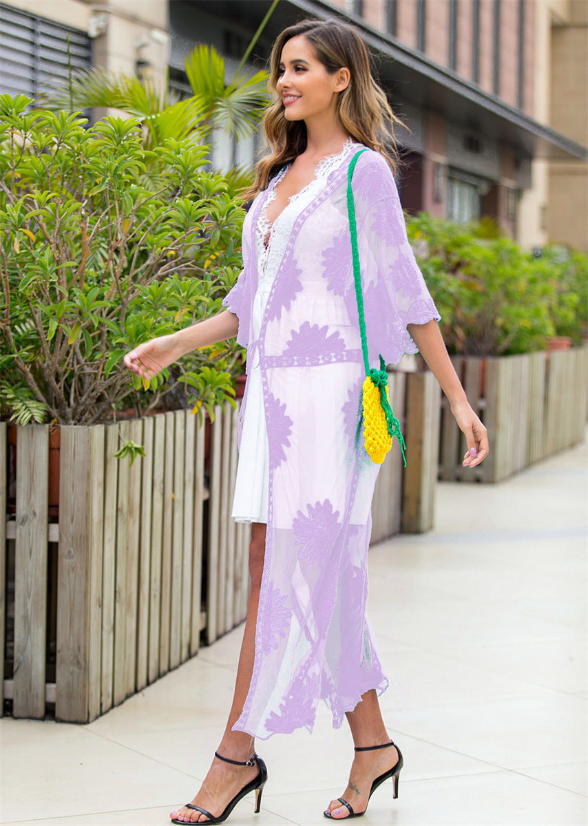 Damen elegante Häkel-Strandrobe mit floralen Details und tiefem V-Ausschnitt Drune