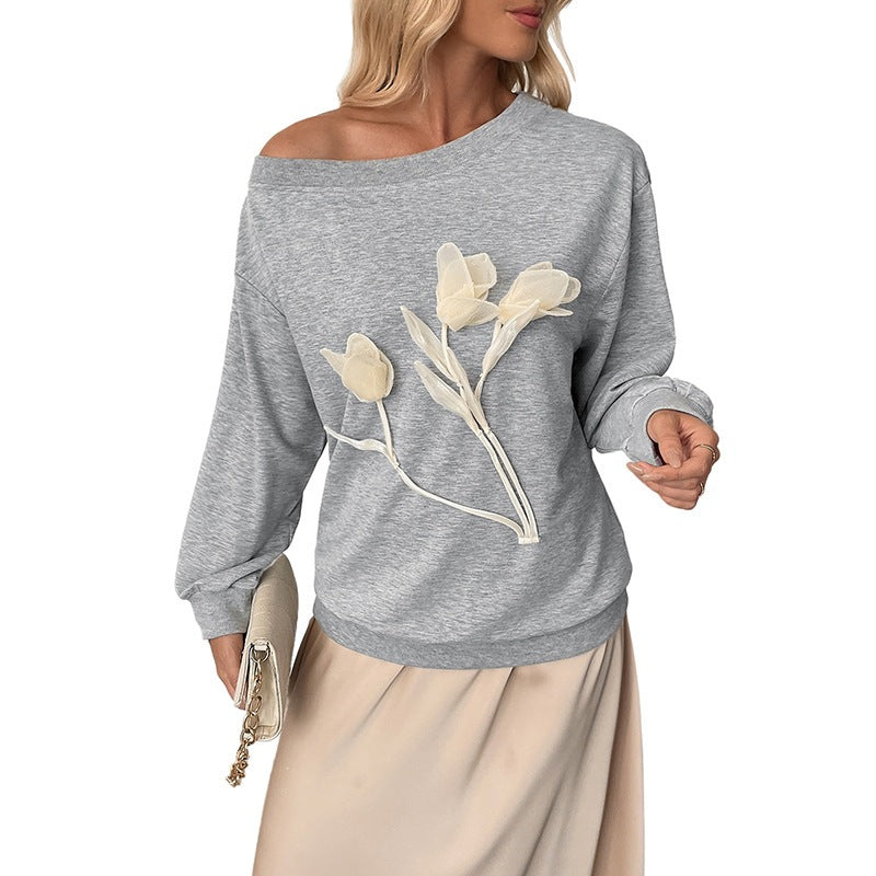 Damen Lässiger Sweatshirt mit Blumenapplikationen Drune