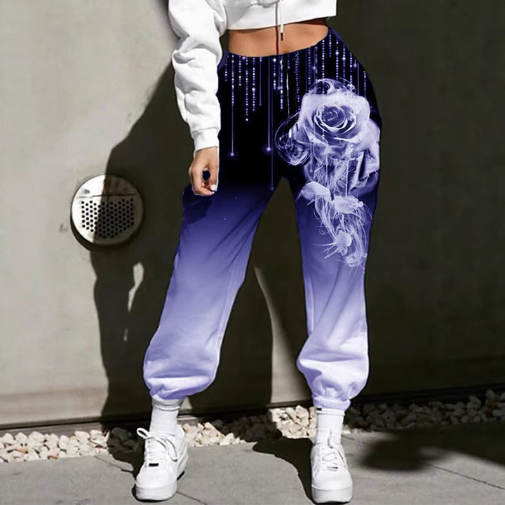 Damen Hohe Taille Jogginghosen mit Ombre-Gradient, Smoke Rose Druck und Elastischen Bündchen Drune