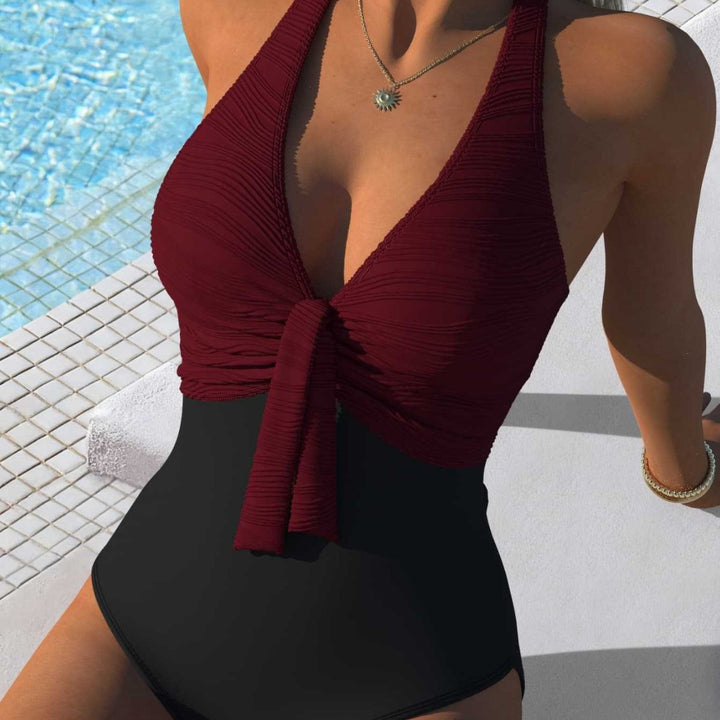 Damen Einteiliger Badeanzug mit ruftiger Chiffon-Oberfläche und elegantem Knoten-Detail Drune