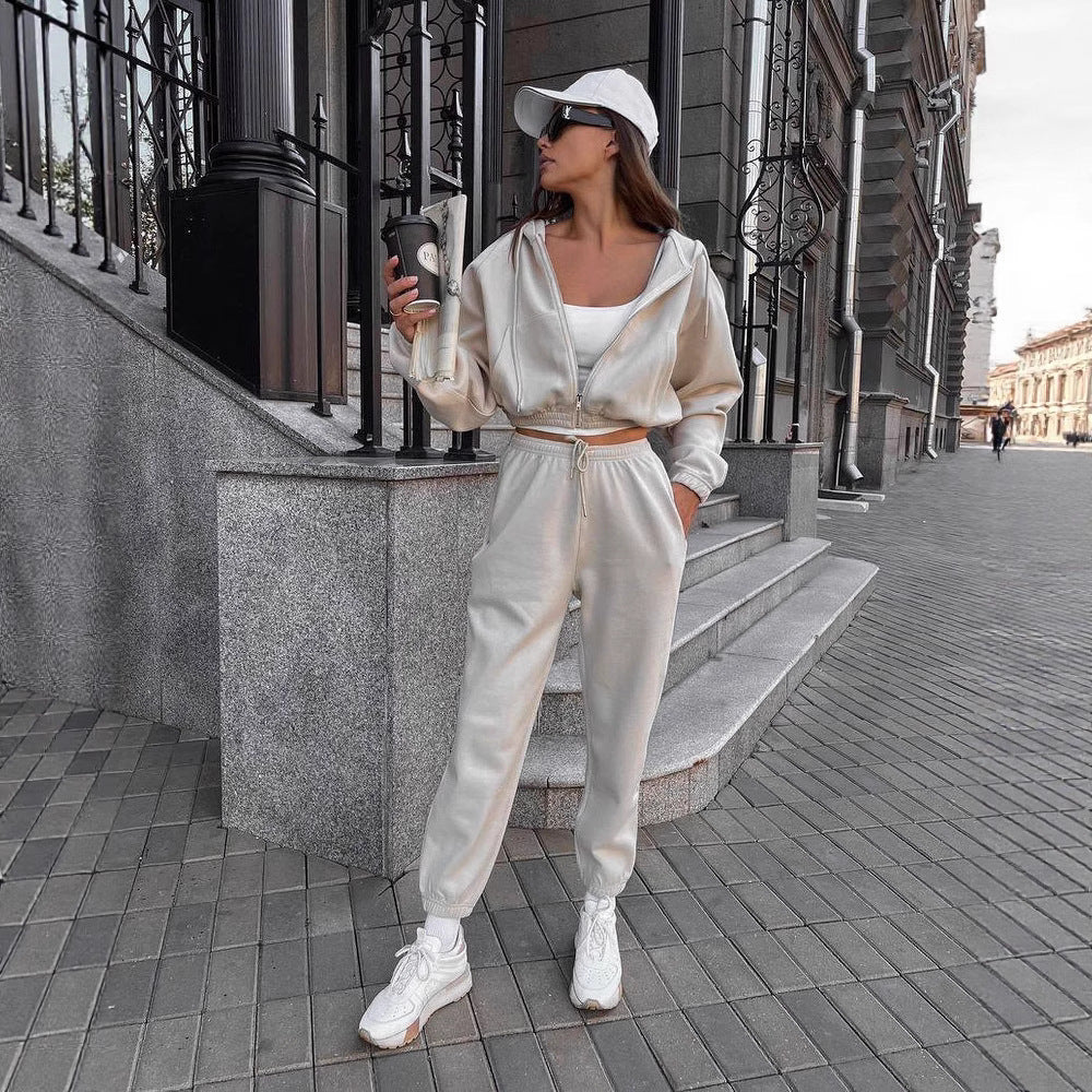 Damen kurzes Reißverschluss-Hoodie mit elastischem Bund und High-Waist Jogginghose aus Baumwollmix Drune
