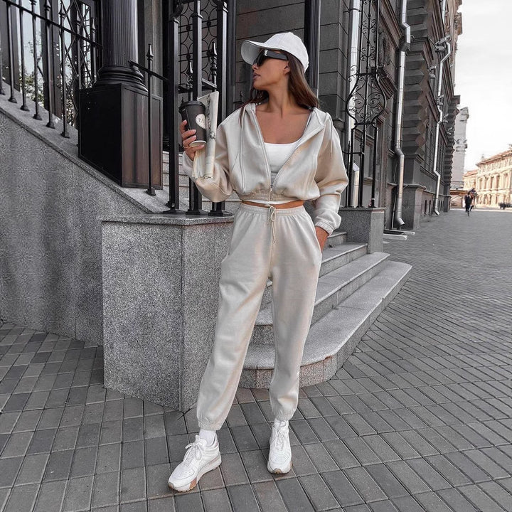 Damen kurzes Reißverschluss-Hoodie mit elastischem Bund und High-Waist Jogginghose aus Baumwollmix Drune