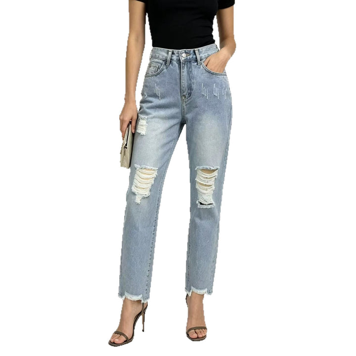 Damen nan hochgeschnittene Straight Leg Jeans mit gezielten Rissdetails und rohem Knöchelabschluss Drune
