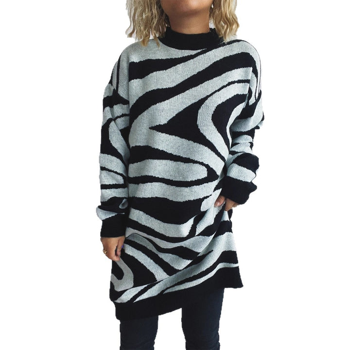 Damen oversized Strickpullover mit modernem Zebramuster Drune