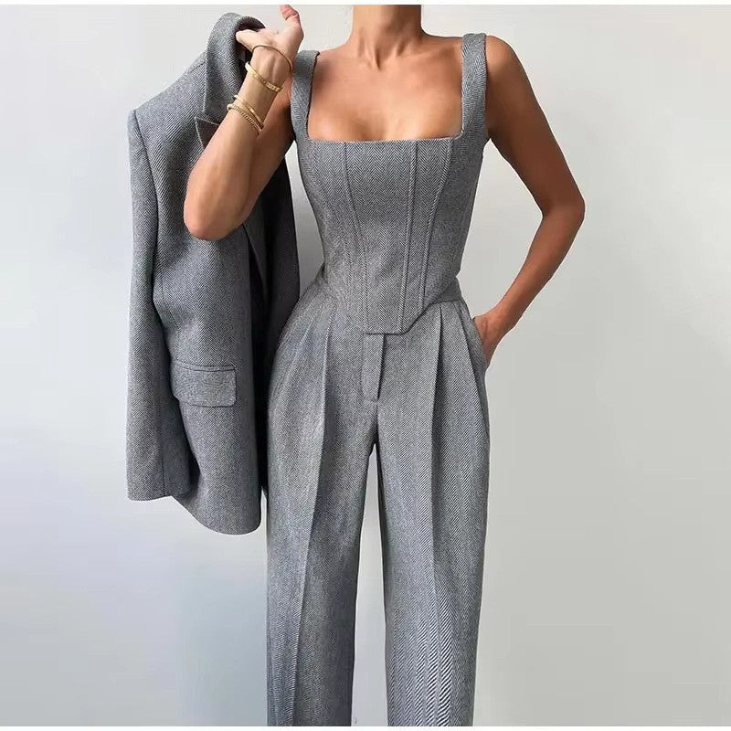 Damen Blazer-Anzug mit figurbetontem Oberteil und weiten Beinen Drune