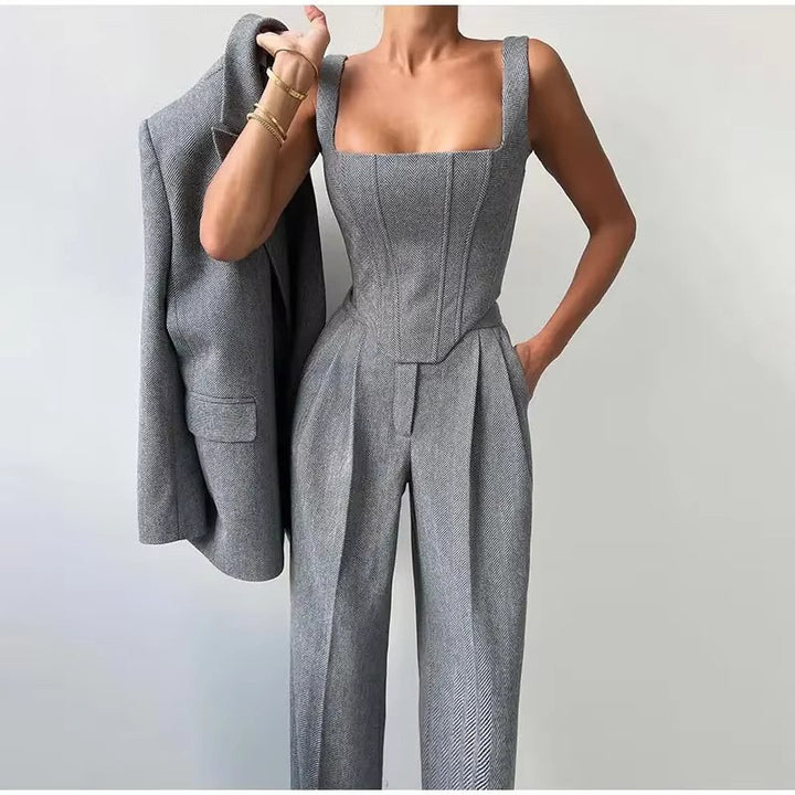 Damen Blazer-Anzug mit figurbetontem Oberteil und weiten Beinen Drune