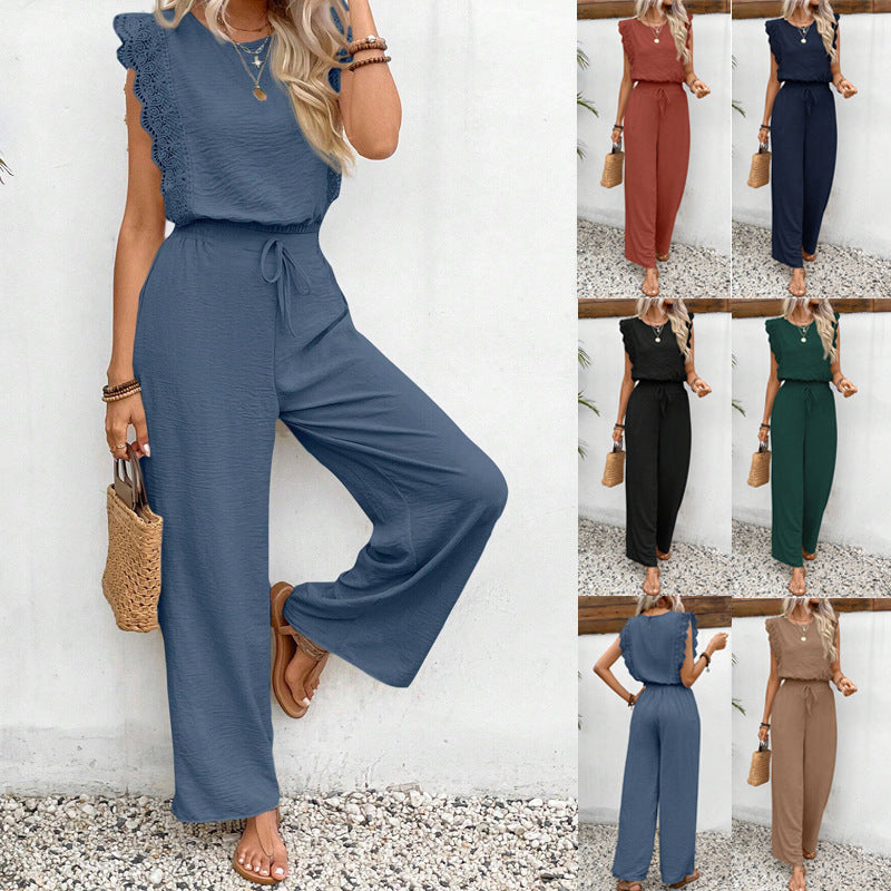 Damen luftiger Jumpsuit mit Rüschendetails und Gummibund Drune