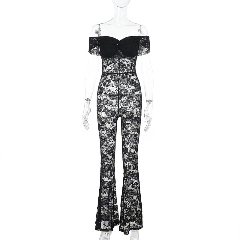 Damen Eleganter Spitzen-Jumpsuit mit schulterfreiem Design Drune