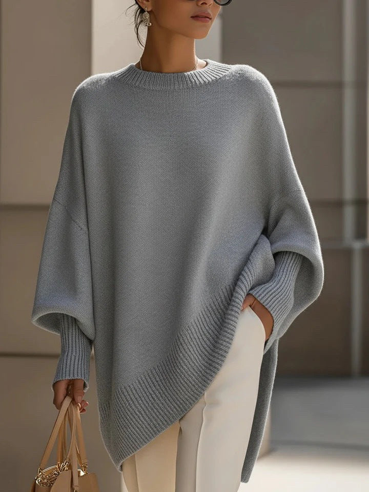Damen nan Oversize Strickponcho mit asymmetrischem Saum und gerippten Ärmeln Drune