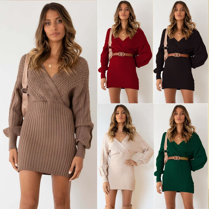 Damen Strickkleid mit tiefem V-Ausschnitt und Puffärmeln Drune