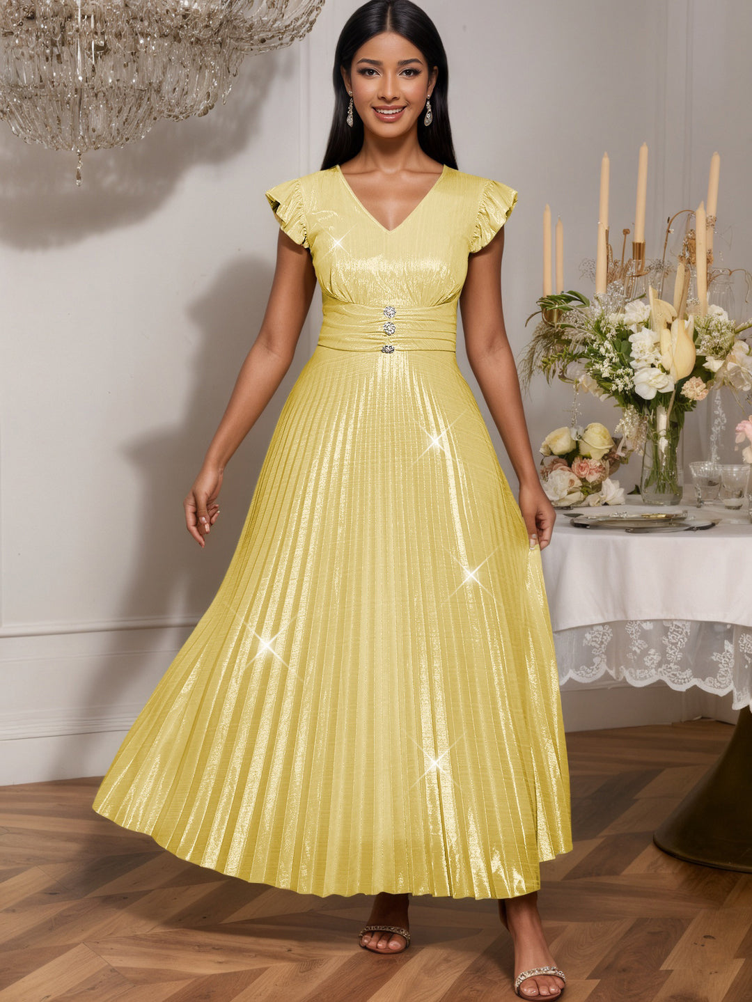 Damen elegantes Maxikleid mit schimmerndem Obermaterial und strukturiertem Taillenteil Drune