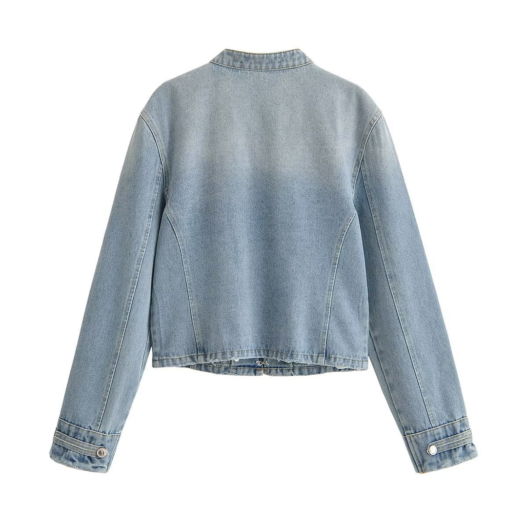 Damen Kurze taillierte Jeansjacke im Militärlook mit doppelten Zierknopfreihen Drune