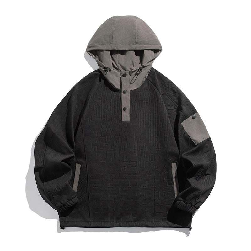 Unisex Technischer Kapuzenpullover im Oversize‑Cut mit Henley‑Knopfleiste, Patchtasche und tunnelzug Drune