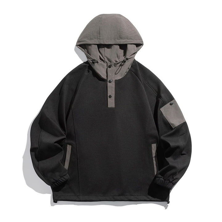 Unisex Technischer Kapuzenpullover im Oversize‑Cut mit Henley‑Knopfleiste, Patchtasche und tunnelzug Drune