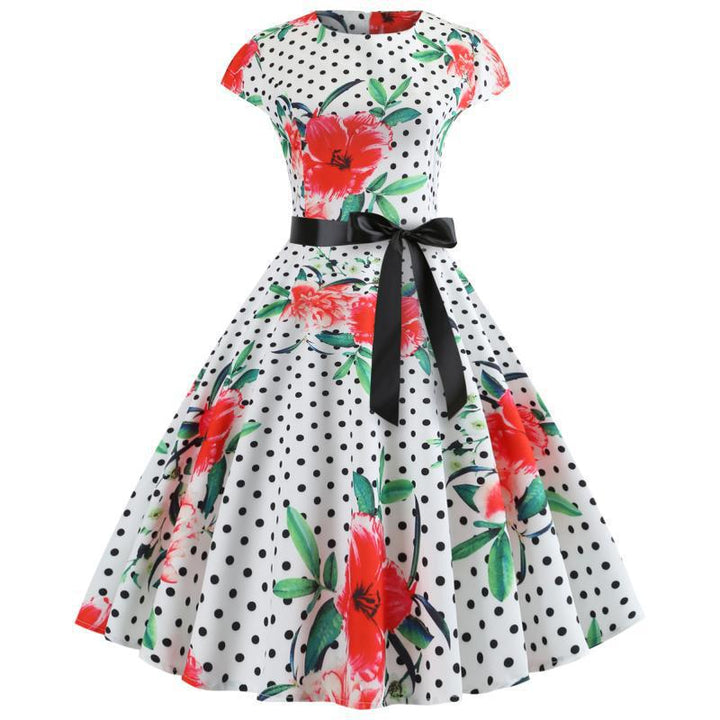 Damen Swingkleid mit floralem Design und Polka-Dots Drune