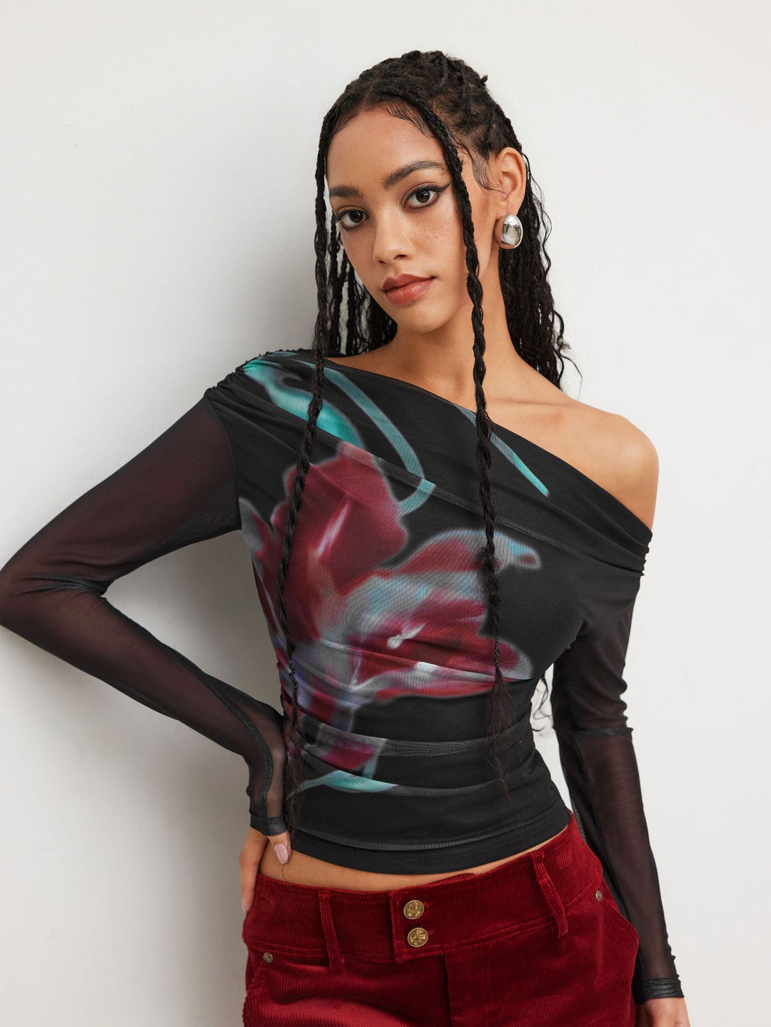Damen Trendy Shirt mit transparenten Ärmeln Drune