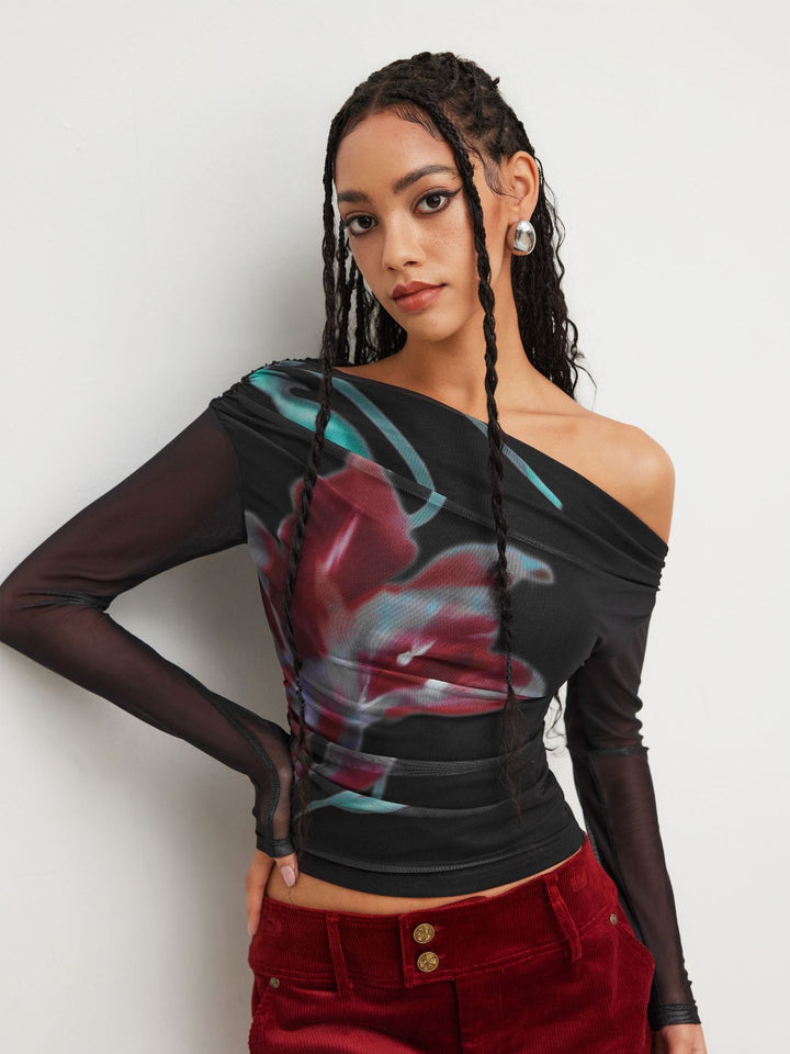 Damen Trendy Shirt mit transparenten Ärmeln Drune