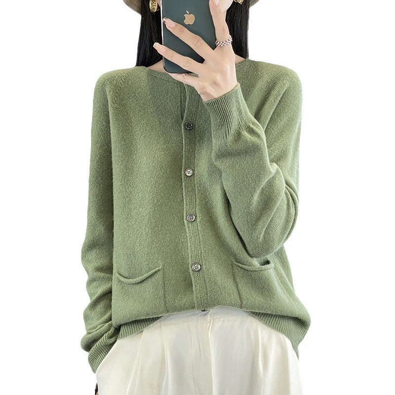 Damen Langer Feinstrick-Cardigan mit Rundhalsausschnitt, Eingrifftaschen und Alpaka-Mix Drune