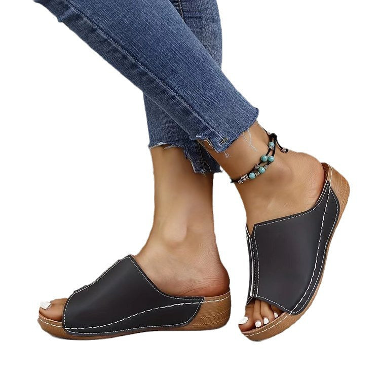 Damen Offene Komfort‑Mules mit gepolstertem Fußbett und Korkoptik‑Plateau Drune